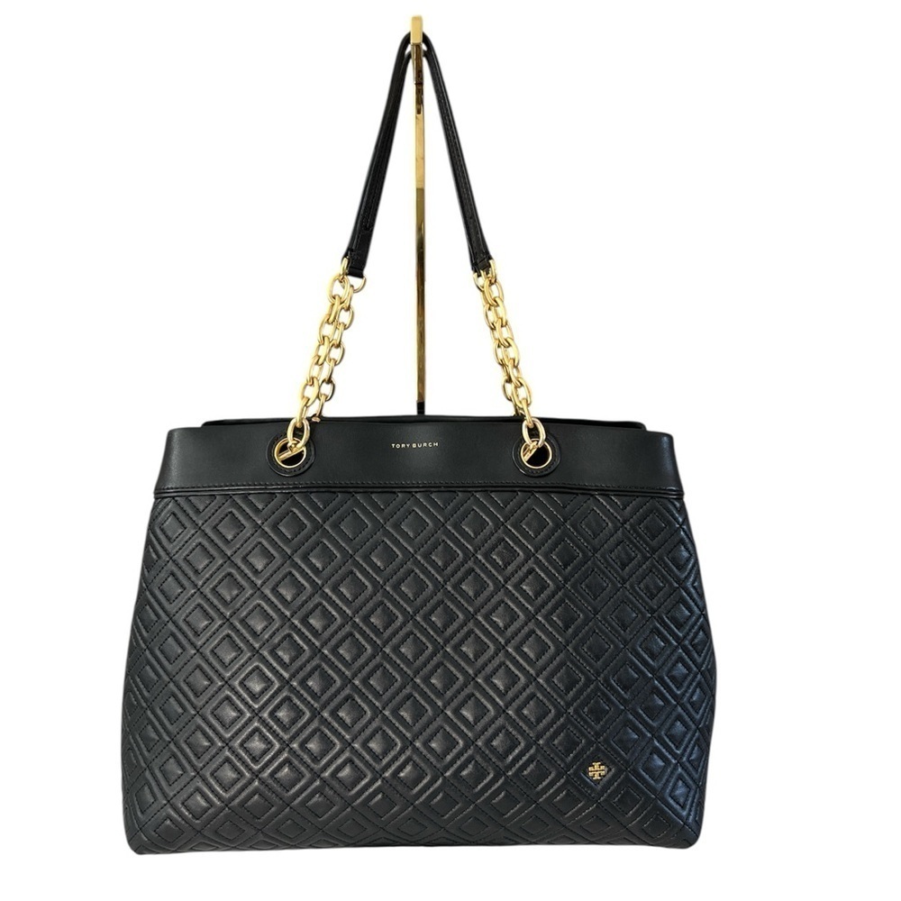 Tory Burch Fleming Triple Compartment Tote Quilted Black Leather Bag 41885